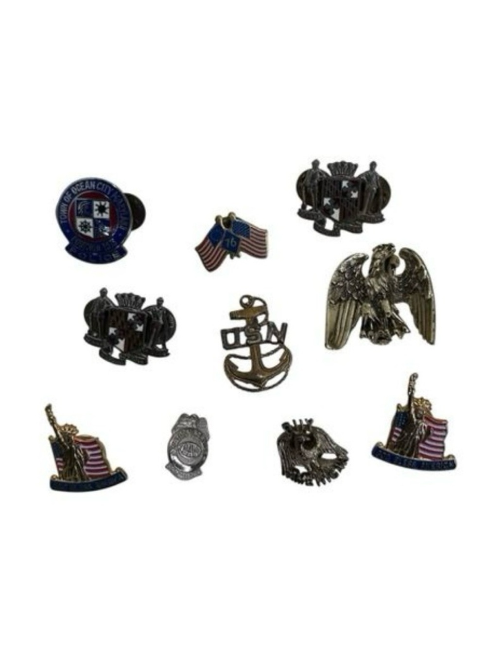 Lot of 10 Vintage Military and Patriotic Pins US Navy Anchor, Buy American VG+